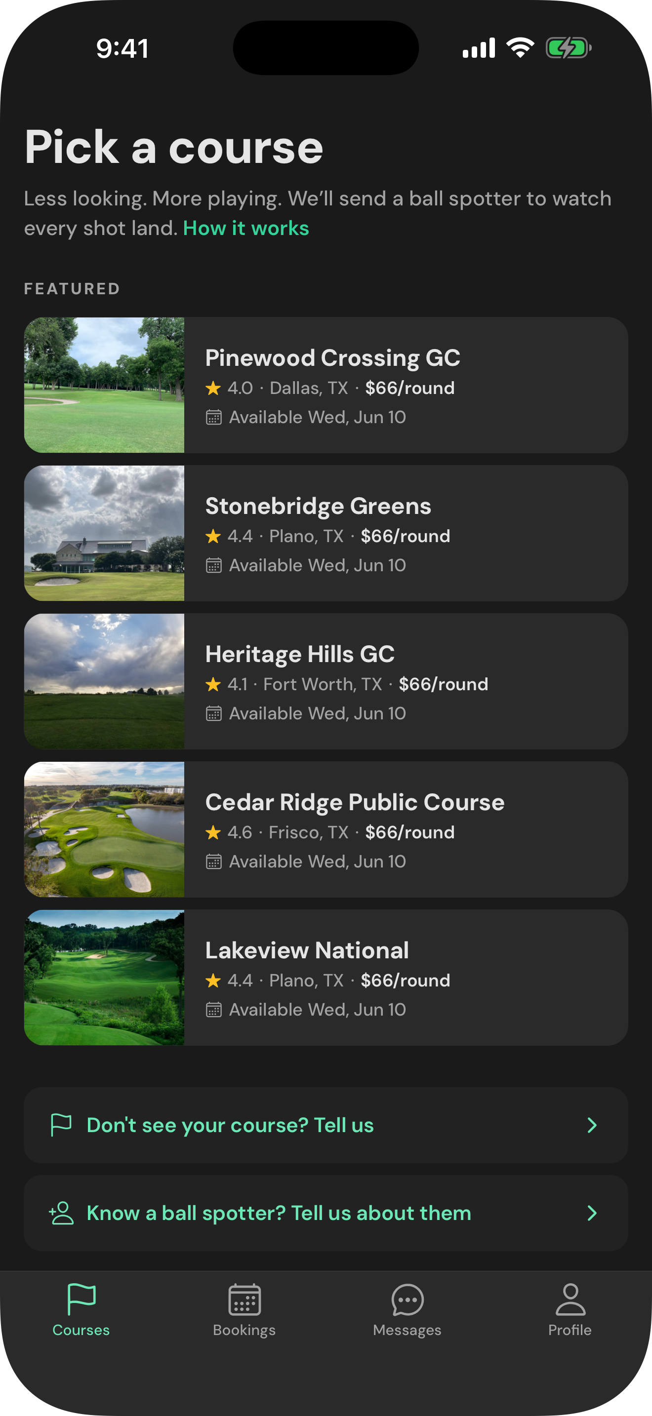 Browse courses screen showing featured DFW courses
